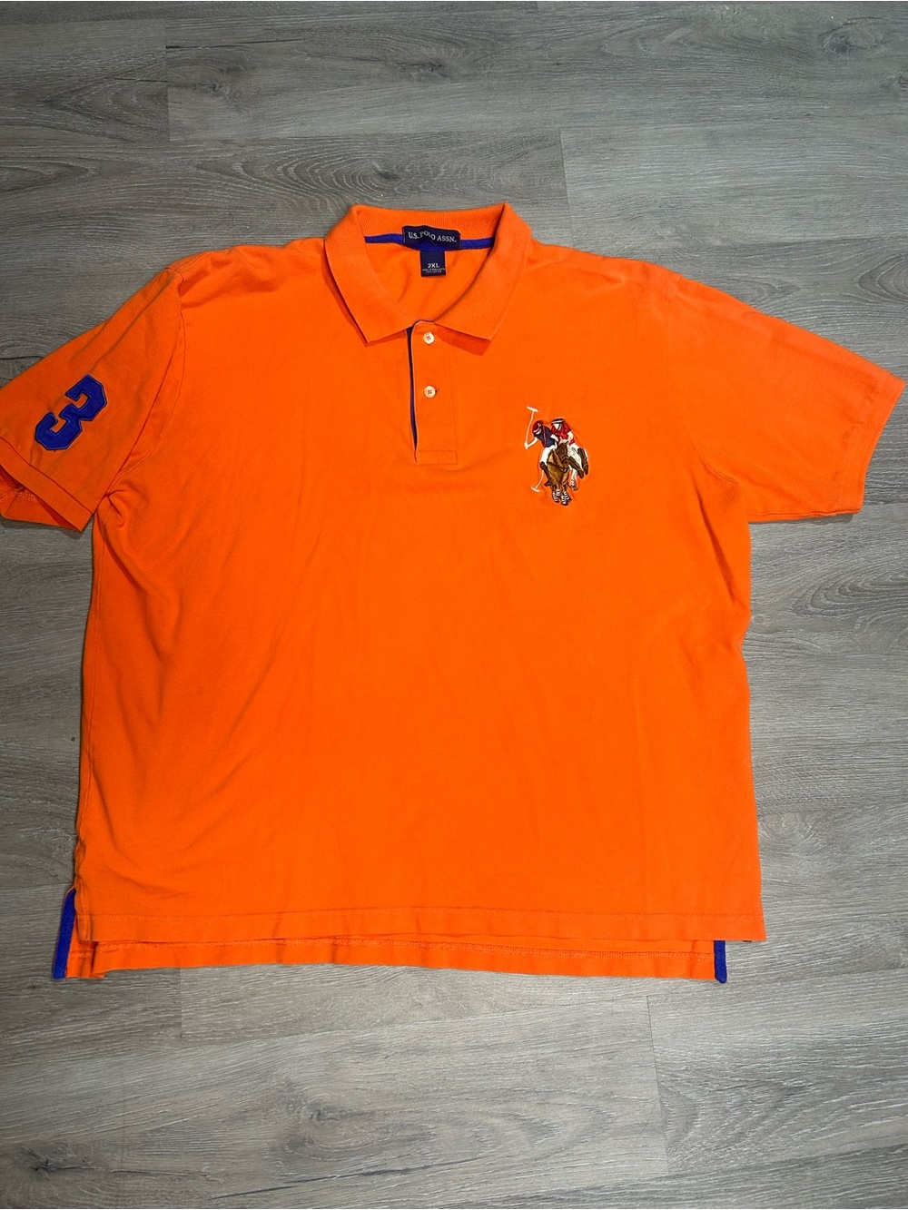 US POLO ASSN Men's 2XL Rare Double Jockey Big Pony Orange w/ blue #3 Logo Sleeve